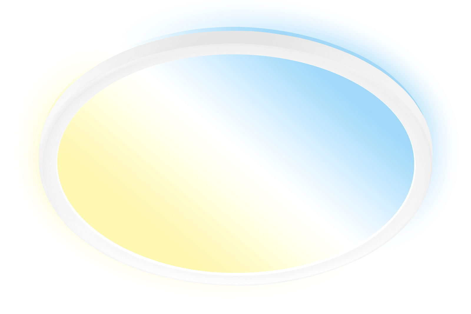 Briloner LED-Deckenleuchte SLIM Runde LED-Deckenleuchte mit weißem Rahmen, Ansicht von unten, zeigt sanfte Farbverläufe in Blau und Gelb.