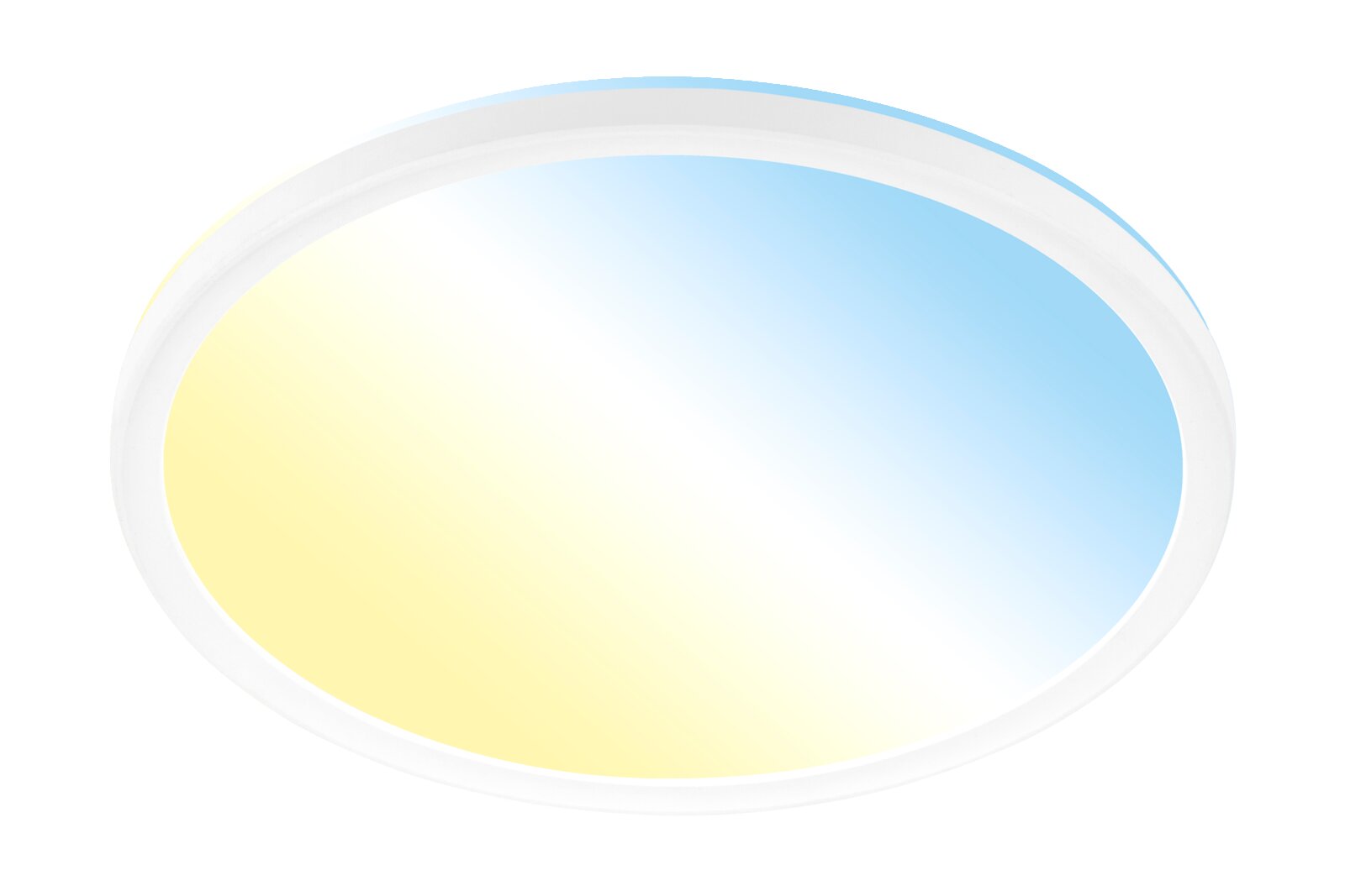 Runde LED-Deckenleuchte mit weißem Rahmen, Ansicht von unten, zeigt sanfte Farbverläufe in Blau und Gelb.