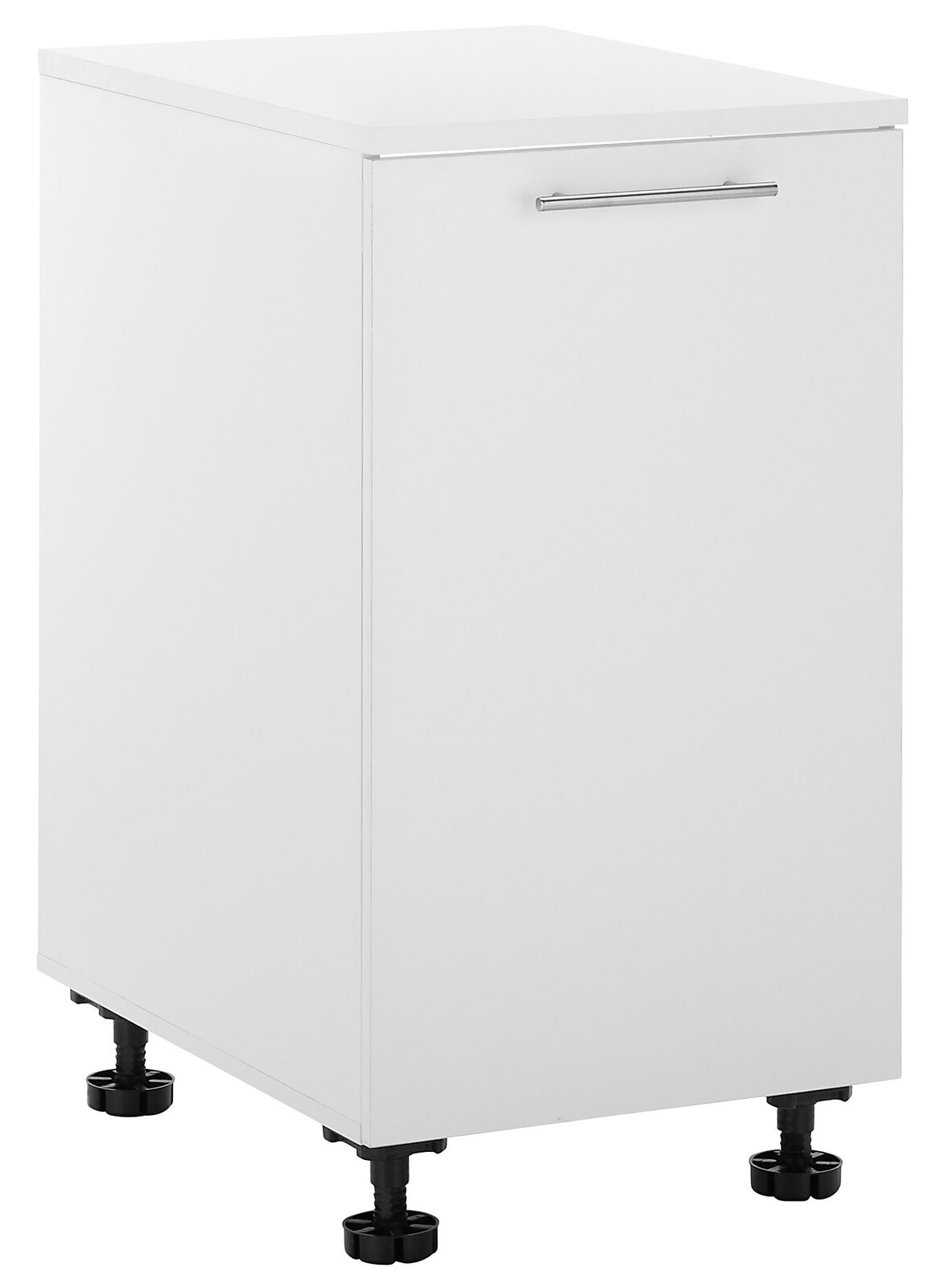 Weißer Spülenunterschrank mit Metallgriff, perspektivisch von vorne links fotografiert.