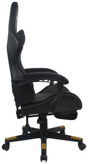 Seitliche Ansicht eines schwarzen Gaming-Stuhls mit ergonomischem Design und verstellbaren Armlehnen.