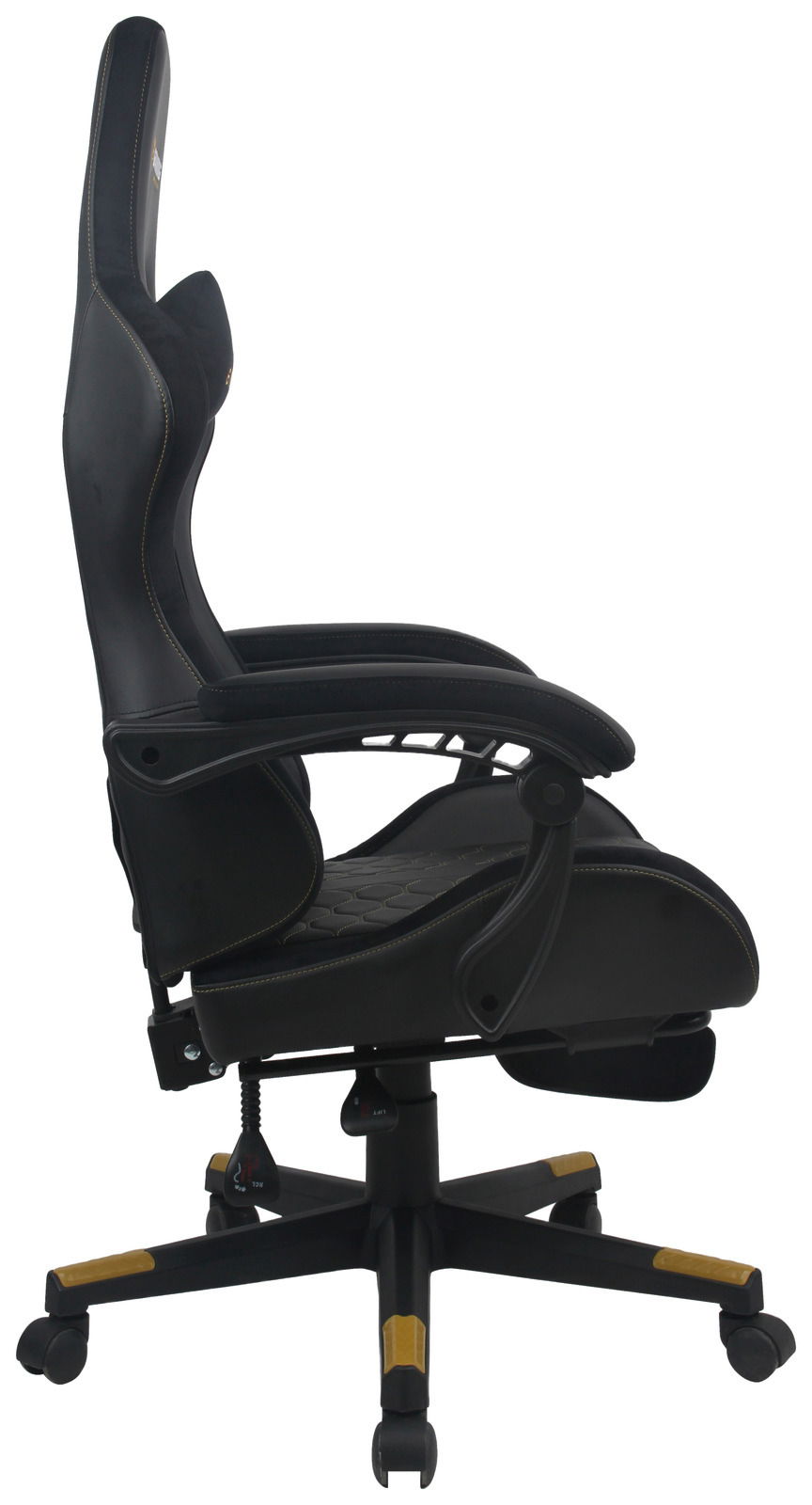 Seitliche Ansicht eines schwarzen Gaming-Stuhls mit ergonomischem Design und verstellbaren Armlehnen.