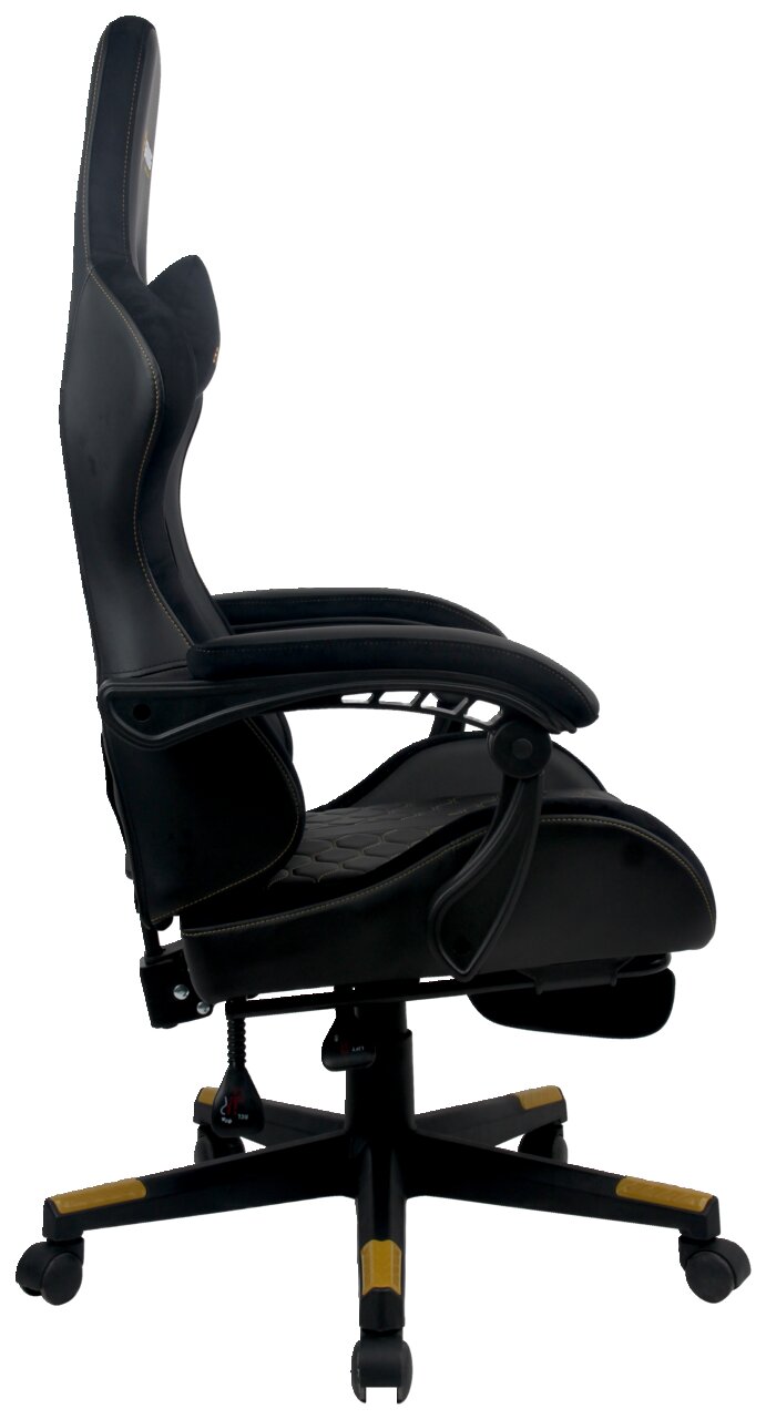 Seitliche Ansicht eines schwarzen Gaming-Stuhls mit ergonomischem Design und verstellbaren Armlehnen.