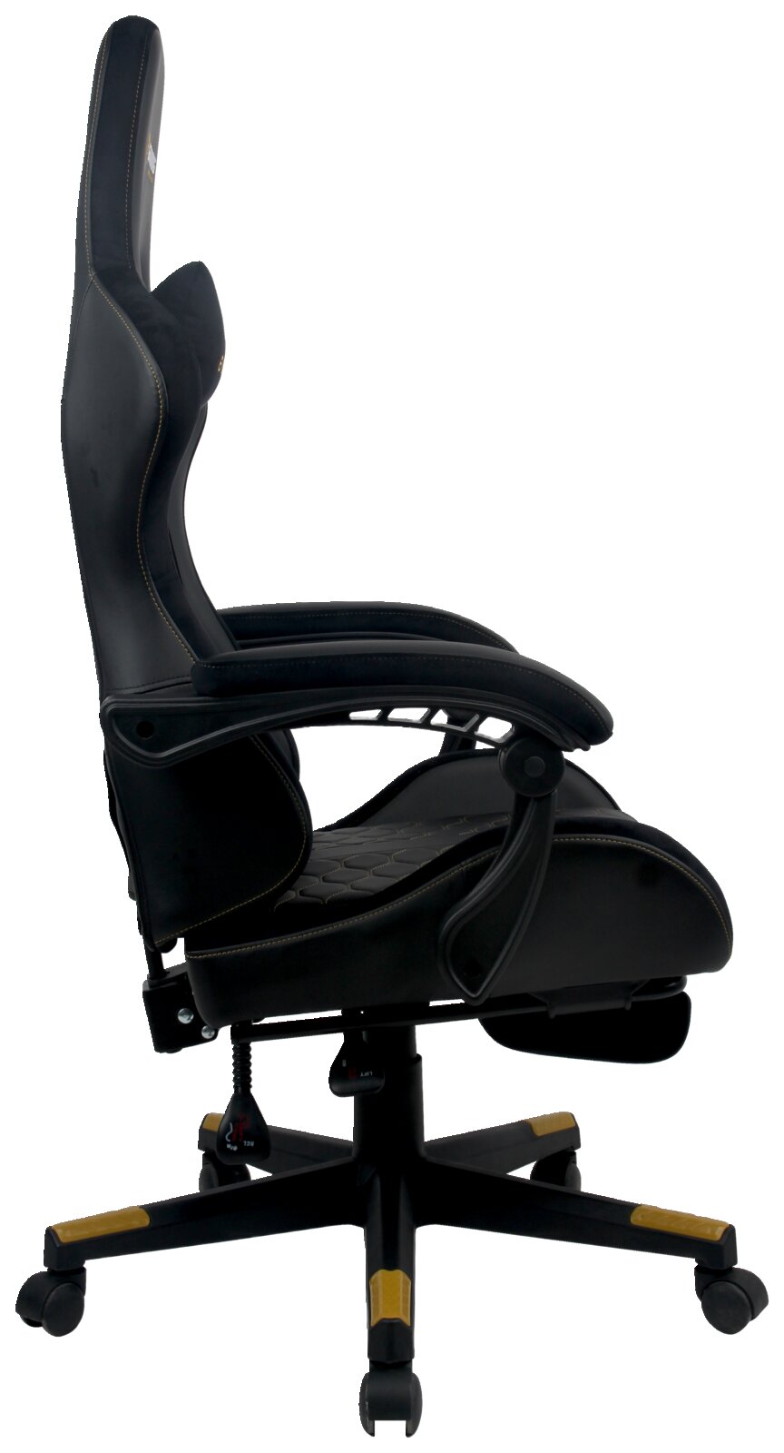 Zijaanzicht van een zwarte gamingstoel met een ergonomisch ontwerp en verstelbare armleuningen.