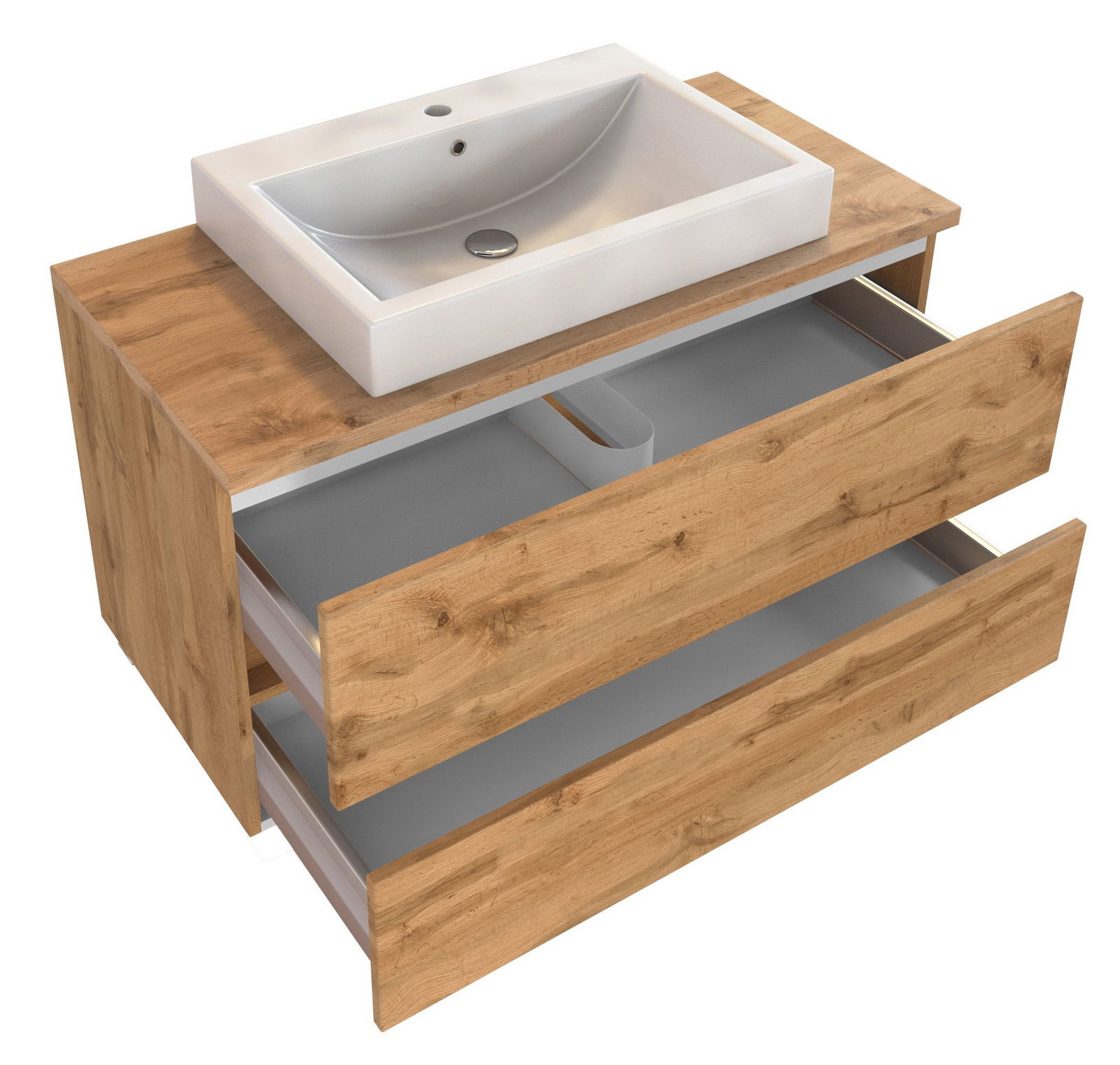 Waschtisch-Set mit Holzoptik, bestehend aus einem rechteckigen Waschbecken und zwei offenen Schubladen, Perspektive von oben