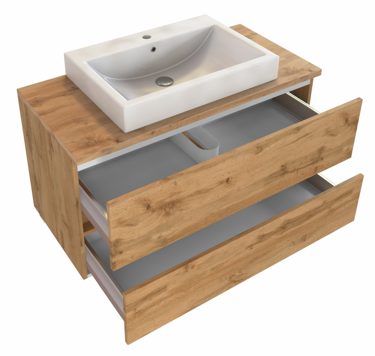 Waschtisch-Set mit Holzoptik, bestehend aus einem rechteckigen Waschbecken und zwei offenen Schubladen, Perspektive von oben