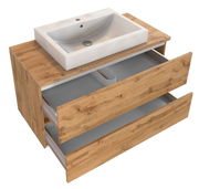 Waschtisch-Set mit Holzoptik, bestehend aus einem rechteckigen Waschbecken und zwei offenen Schubladen, Perspektive von oben