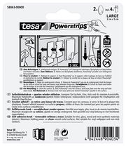 Rückseite der Verpackung von tesa Powerstrips Haken Large, zeigt Anweisungen zur Befestigung und Entfernung, geeignet für glatte Oberflächen, maximale Tragkraft 2 kg.