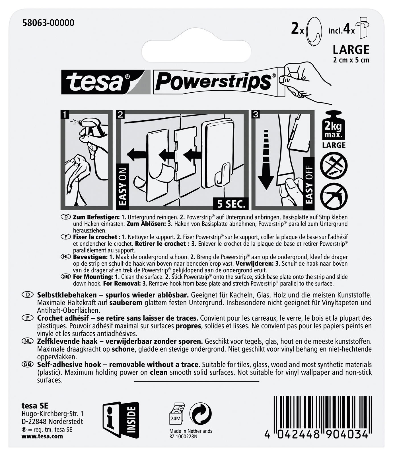 Rückseite der Verpackung von tesa Powerstrips Haken Large, zeigt Anweisungen zur Befestigung und Entfernung, geeignet für glatte Oberflächen, maximale Tragkraft 2 kg.