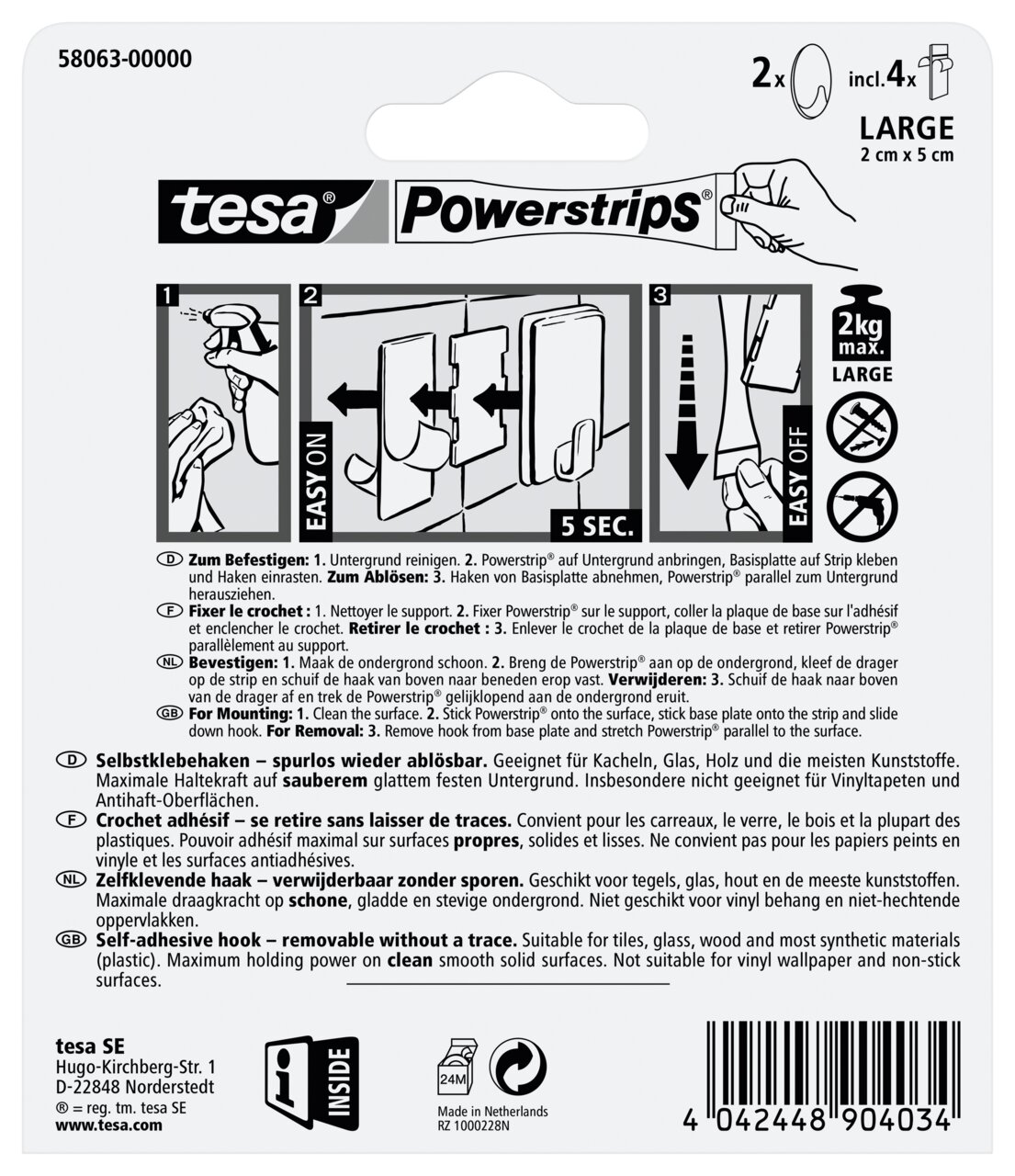 Achterkant van de verpakking van tesa Powerstrips Haken Large, met instructies voor het bevestigen en verwijderen, geschikt voor gladde oppervlakken, maximaal draagvermogen 2 kg.