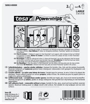 Achterkant van de verpakking van tesa Powerstrips Haken Large, met instructies voor het bevestigen en verwijderen, geschikt voor gladde oppervlakken, maximaal draagvermogen 2 kg.