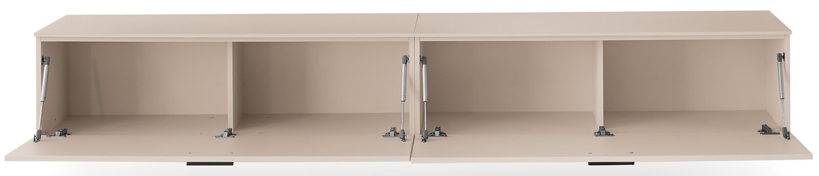 Beiger Wand-Hängeschrank mit zwei nach unten aufklappenden Türen, drei offenen Fächern und Metall-Gasdruckdämpfern, Frontansicht