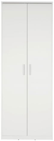 Frontansicht eines weißen Mehrzweckschranks mit zwei Türen und silbernen Griffen.