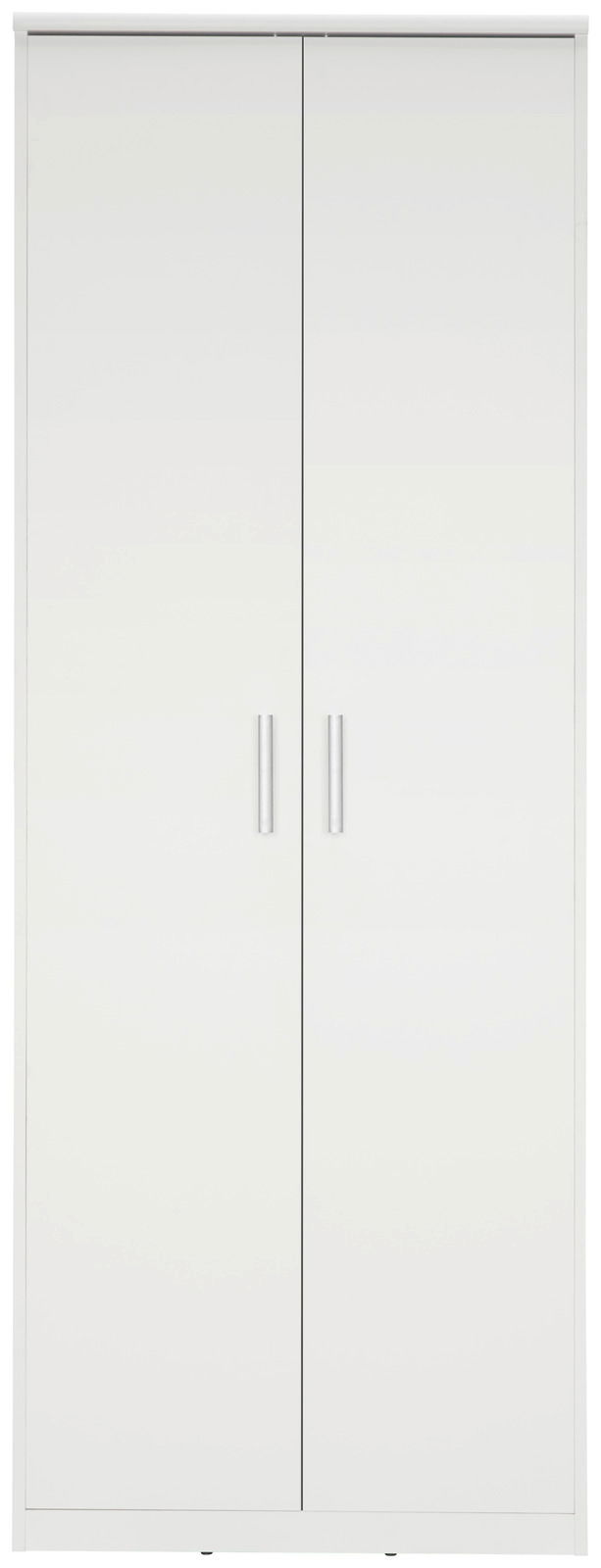 Frontansicht eines weißen Mehrzweckschranks mit zwei Türen und silbernen Griffen.