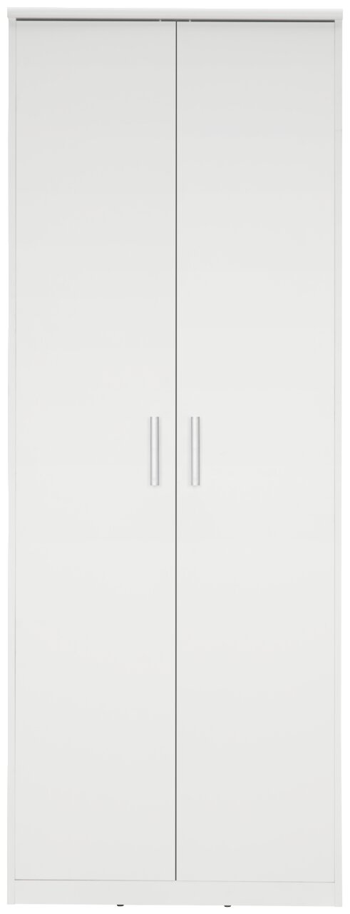 Frontansicht eines weißen Mehrzweckschranks mit zwei Türen und silbernen Griffen.