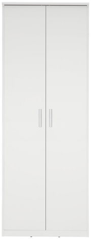 Frontansicht eines weißen Mehrzweckschranks mit zwei Türen und silbernen Griffen.