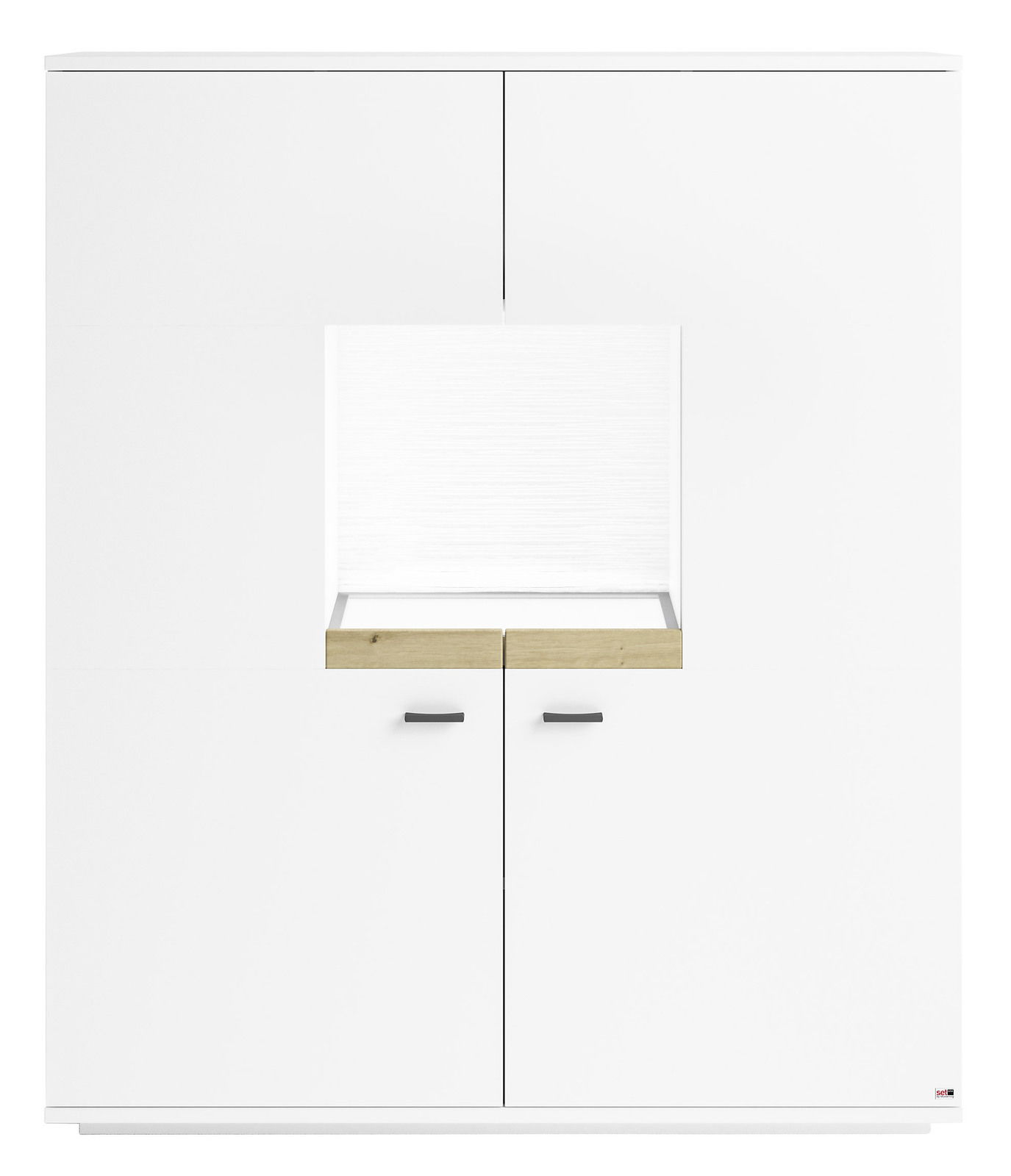Frontansicht des Highboards Set One by Musterring Lancaster in Weiß mit Holzdetails und vier Türen.