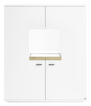 Frontansicht des Highboards Set One by Musterring Lancaster in Weiß mit Holzdetails und vier Türen.