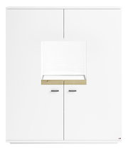 Frontansicht des Highboards Set One by Musterring Lancaster in Weiß mit Holzdetails und vier Türen.