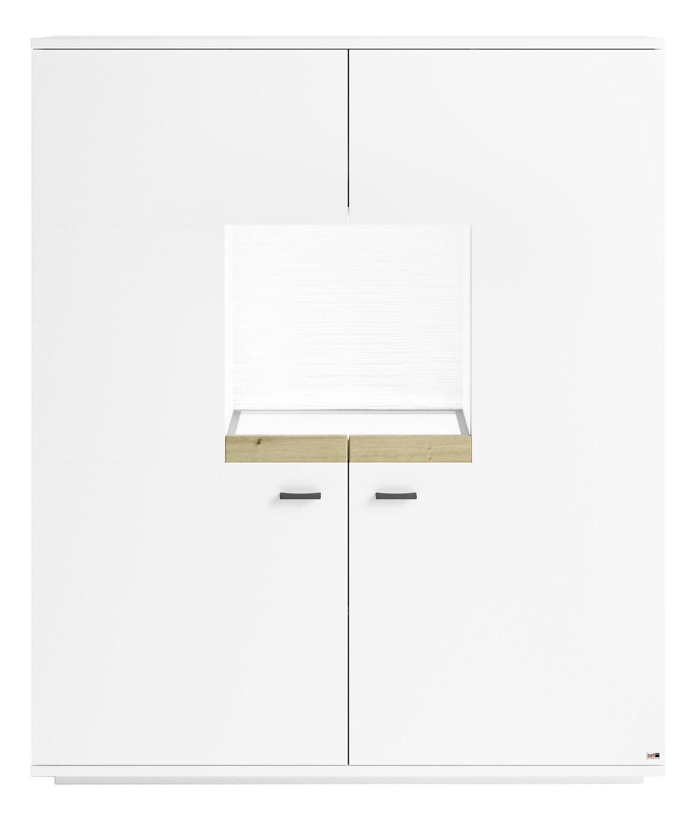 Frontansicht des Highboards Set One by Musterring Lancaster in Weiß mit Holzdetails und vier Türen.