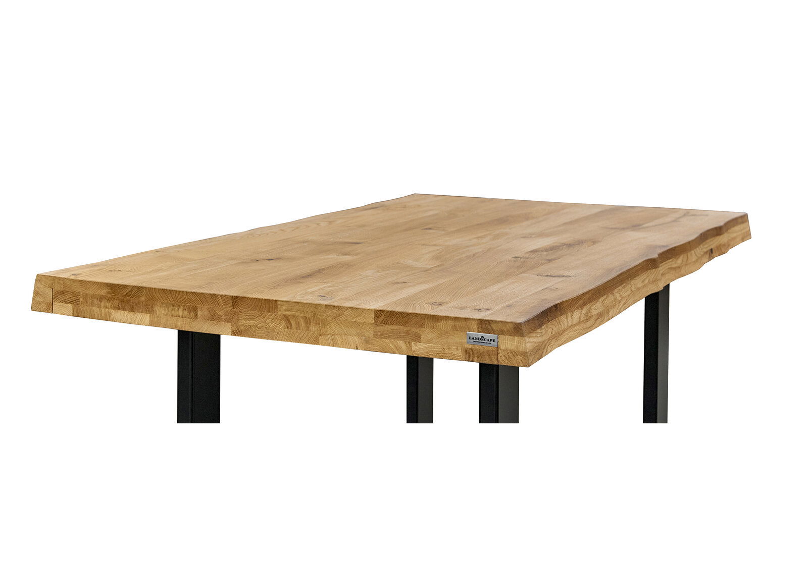 Bartisch aus Holz mit natürlicher Kante und schwarzen Metallbeinen, seitliche Perspektive