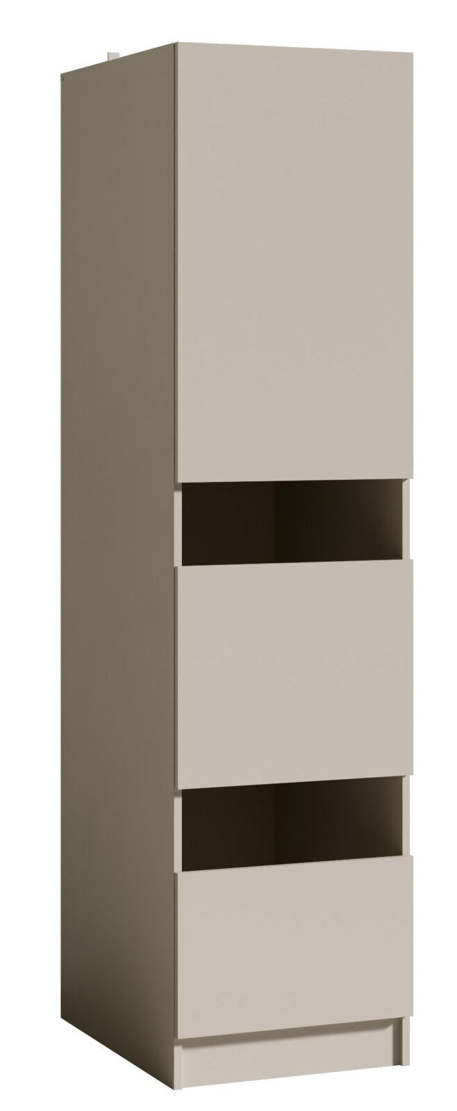 Hoher, schmaler Hochschrank in Beige mit drei Schubladen, davon zwei teilweise geöffnet, Frontansicht mit leichter Seitenperspektive von links auf weißem Hintergrund