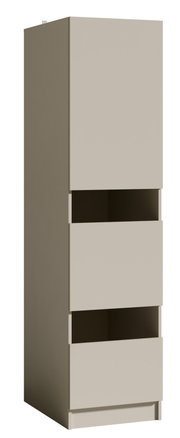 Hoher, schmaler Hochschrank in Beige mit drei Schubladen, davon zwei teilweise geöffnet, Frontansicht mit leichter Seitenperspektive von links auf weißem Hintergrund