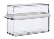 Transparente Knäckebrotbox Stora mit weißem Deckel, seitliche Perspektive