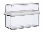 Transparente Knäckebrotbox Stora mit weißem Deckel, seitliche Perspektive
