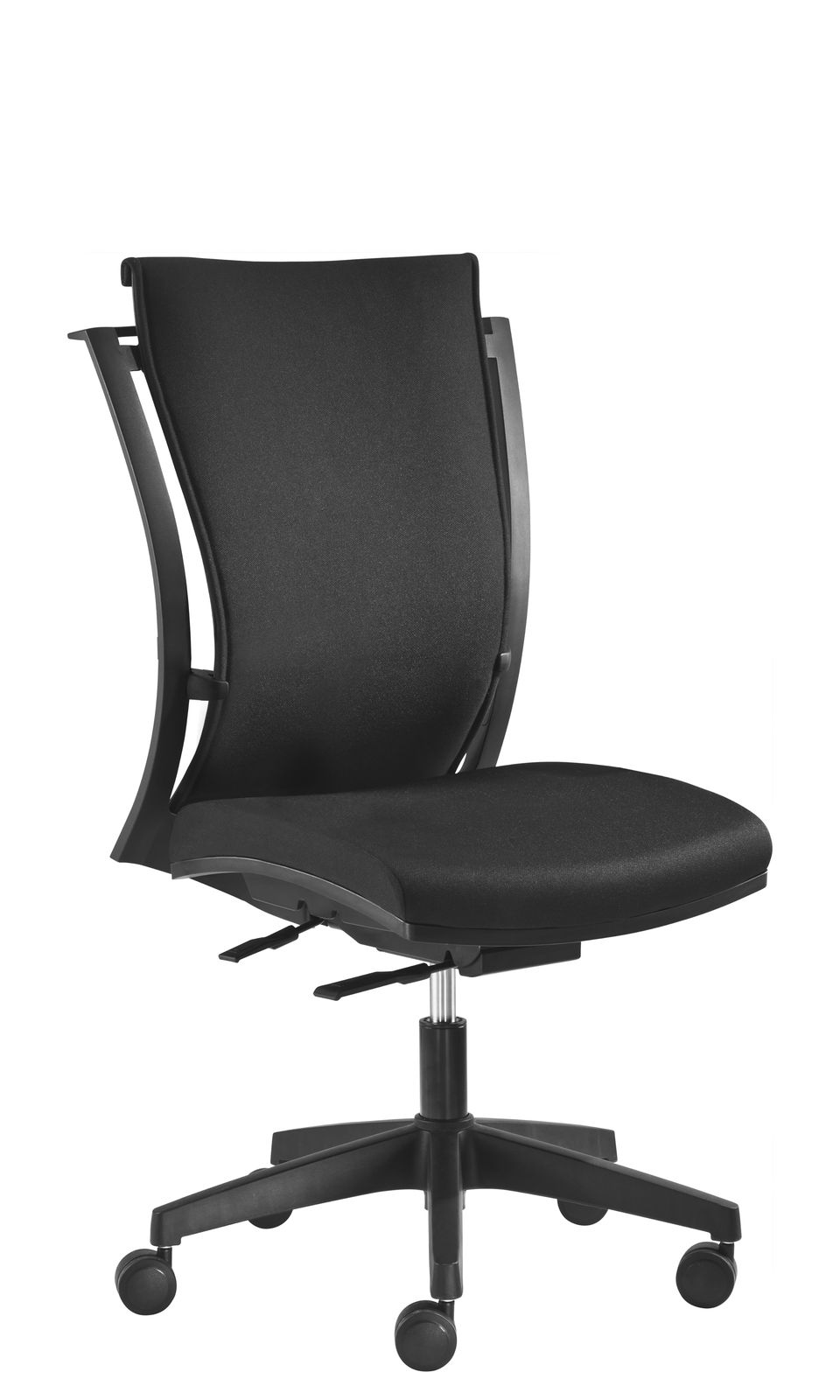 Schwarzer Drehstuhl mit ergonomischer Rückenlehne, seitliche Ansicht