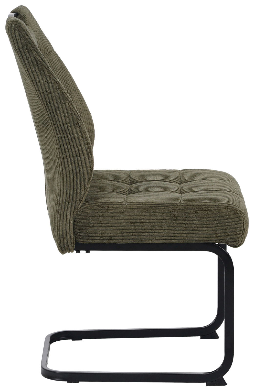 Seitenansicht eines grünen Schwingstuhls mit schwarzem Metallgestell und geripptem Stoffbezug.
