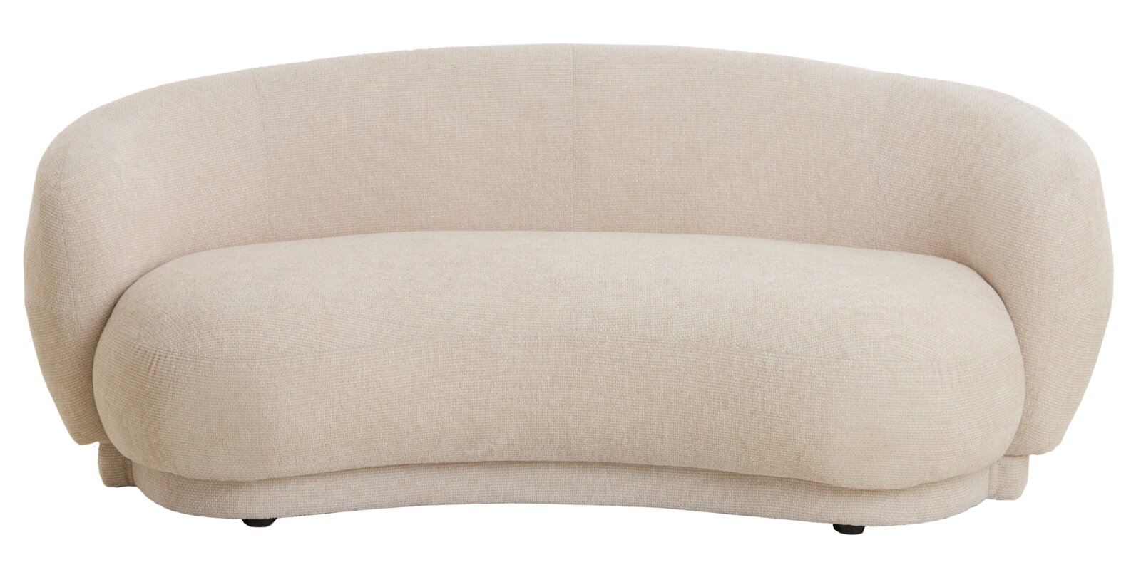 Beige, moderne bank met afgeronde vormen, van voren gefotografeerd.