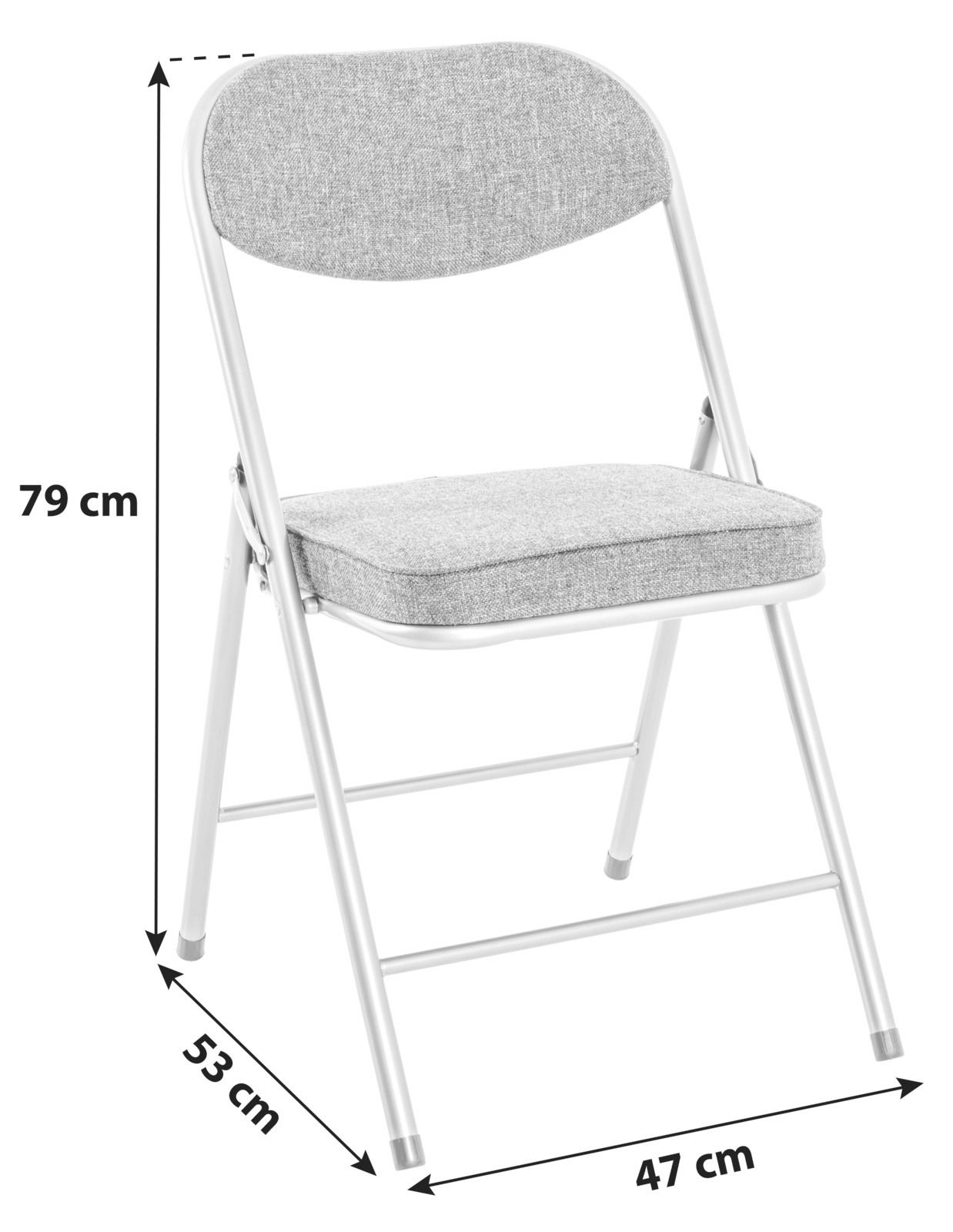 Grauer Klappstuhl mit gepolstertem Sitz und Rückenlehne, seitliche Perspektive