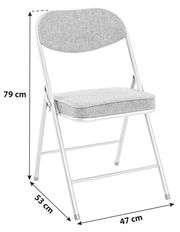 Grauer Klappstuhl mit gepolstertem Sitz und Rückenlehne, seitliche Perspektive