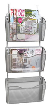 Wand- oder Tür-Magazinhalter aus Metall mit drei Fächern, frontal abgebildet, gefüllt mit Zeitschriften.