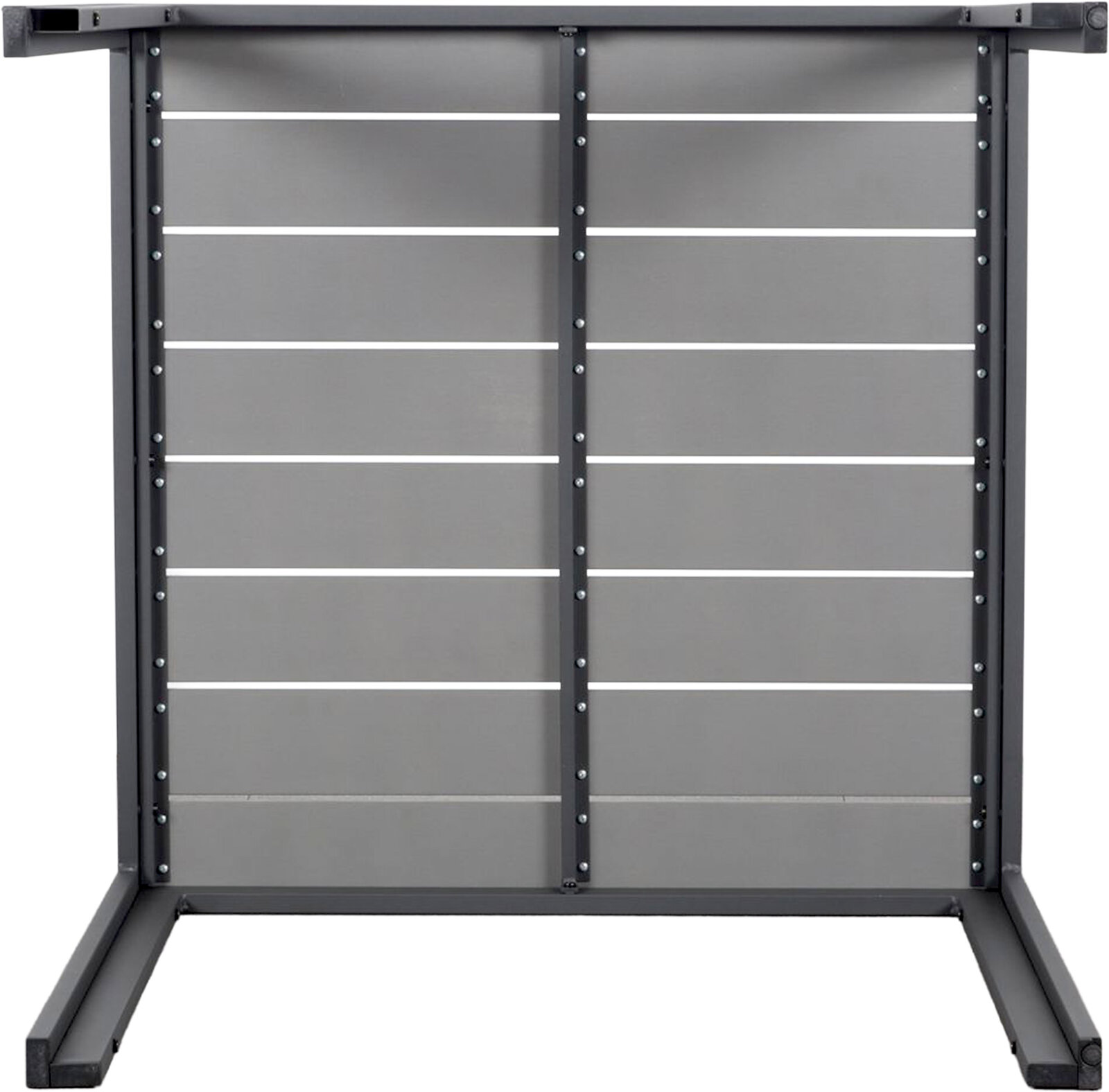 Gartentisch 80x80 aus Metall mit horizontalen Streben, seitliche Perspektive