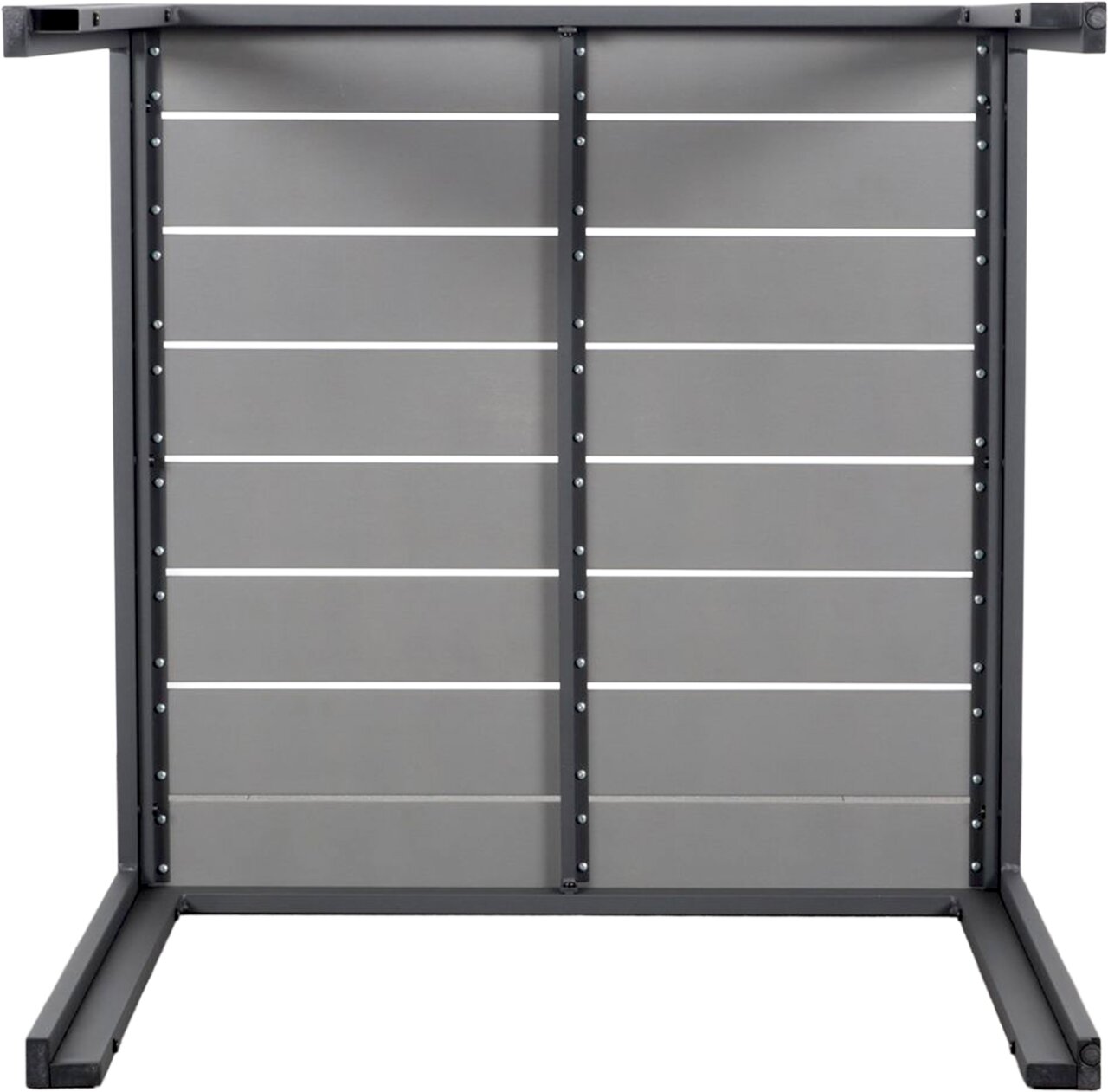 Gartentisch 80x80 aus Metall mit horizontalen Streben, seitliche Perspektive