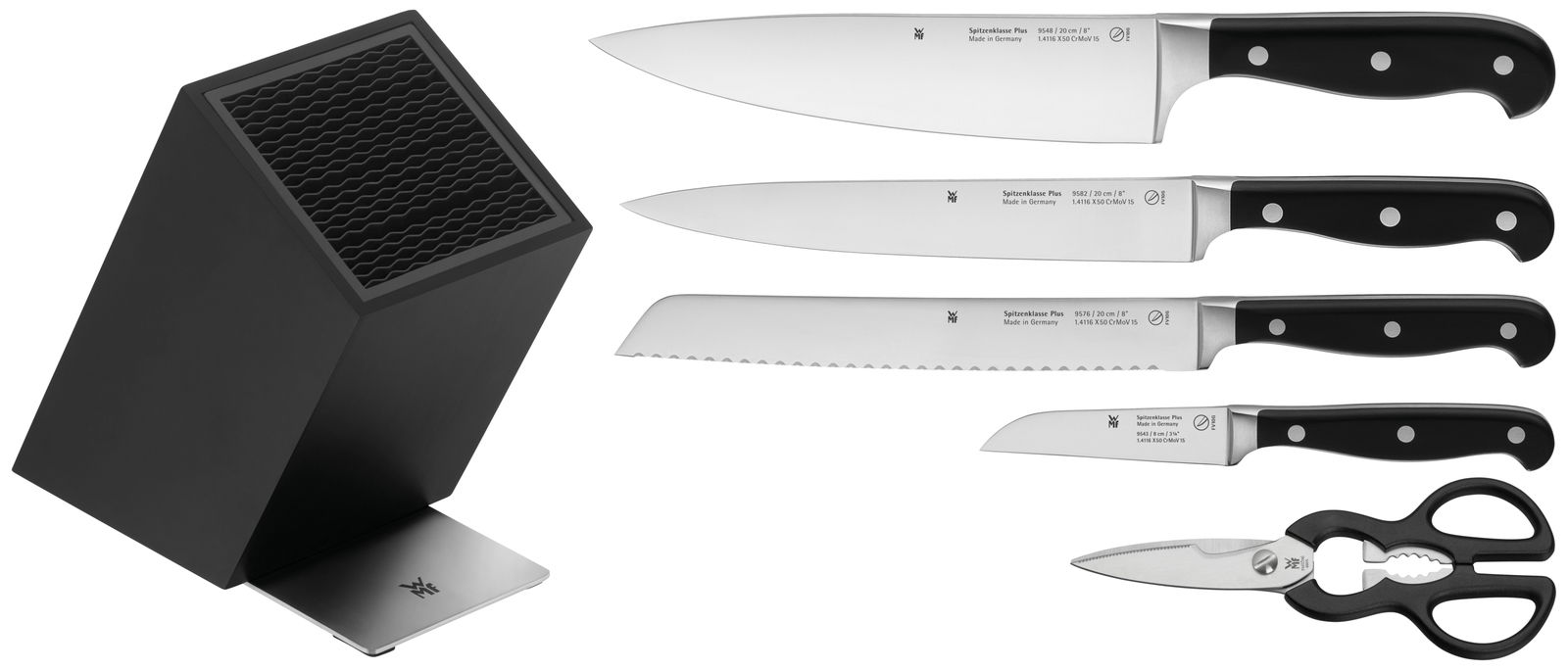 Schwarzer Messerblock mit vier verschiedenen Messern und einer Küchenschere, seitliche Perspektive.