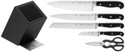 Schwarzer Messerblock mit vier verschiedenen Messern und einer Küchenschere, seitliche Perspektive.
