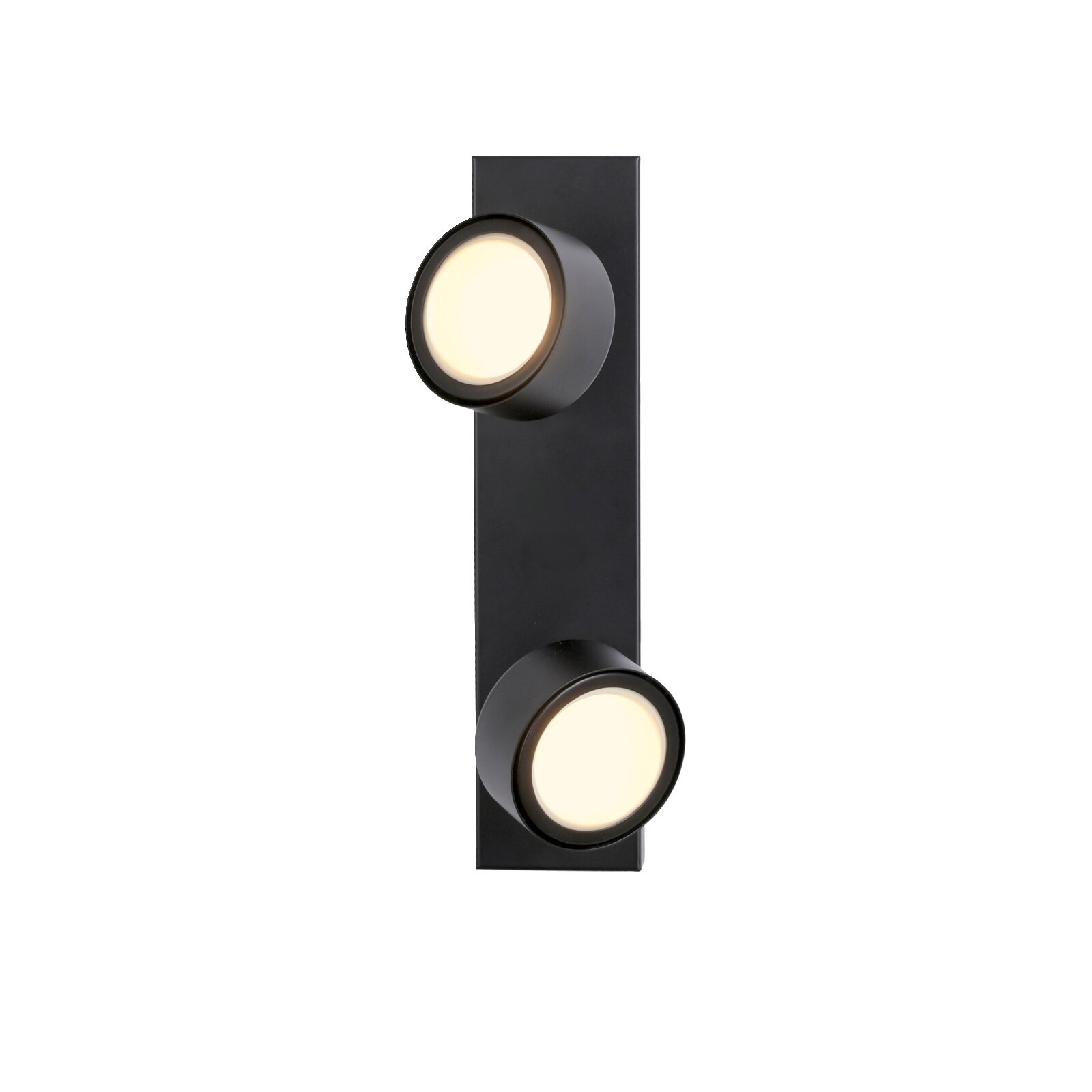 Schwarze, moderne LED-Wandleuchte mit zwei runden Lichtköpfen auf länglicher Montageplatte, warmweiß leuchtend, Produktansicht von vorne auf weißem Hintergrund