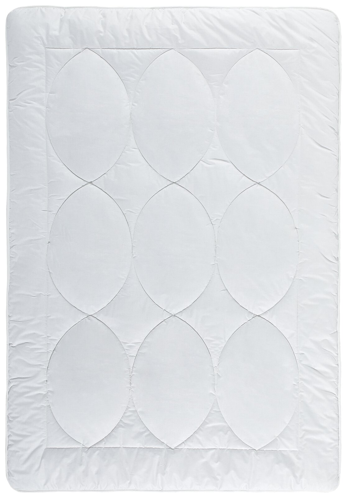 Ganzjahresbettdecke 135x200 cm in Draufsicht mit ovalem Steppmuster, Bio-Vio Material, geeignet für alle Jahreszeiten.