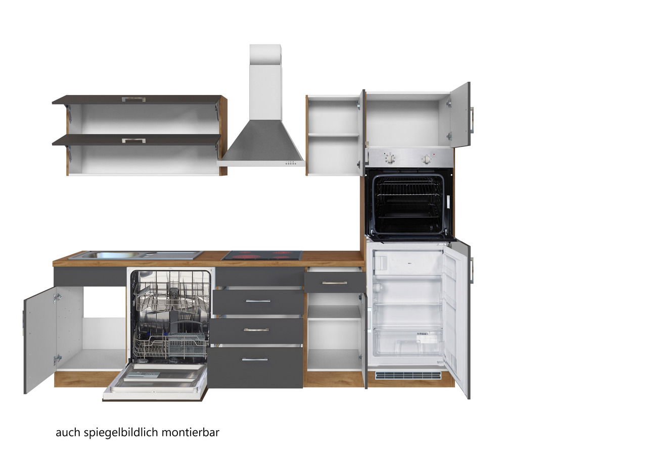 Küchenzeile mit grauen Fronten und Holzarbeitsplatte, inklusive Spüle, Herd, Backofen, Geschirrspüler und Kühlschrank, frontale Ansicht.