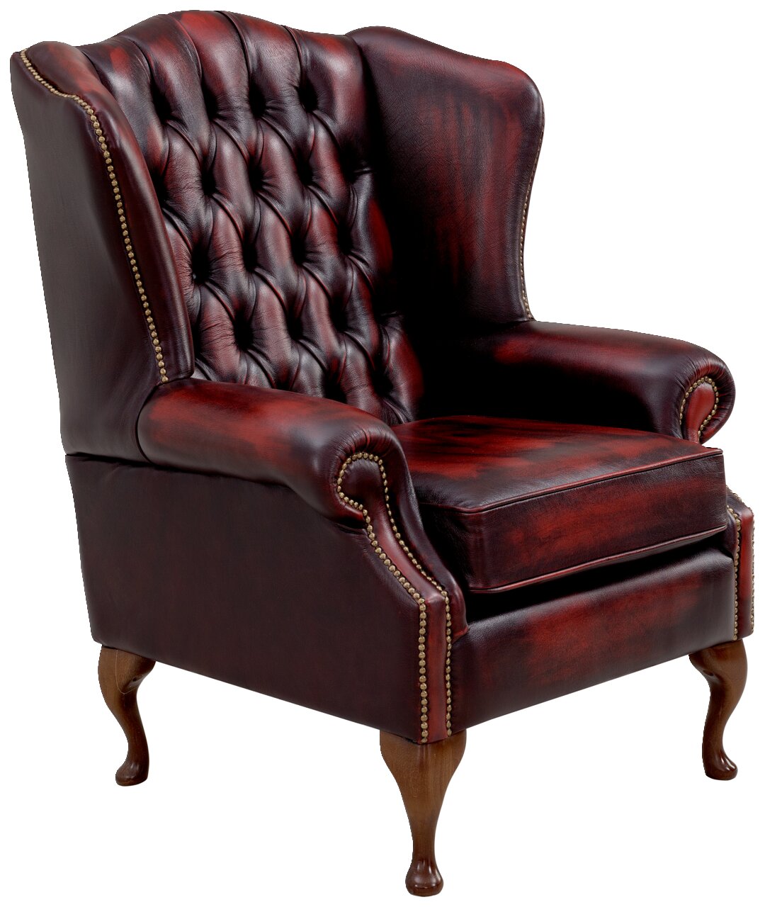 Ohrensessel aus dunkelrotem Leder mit Knopfheftung und Holzbeinen, seitliche Perspektive