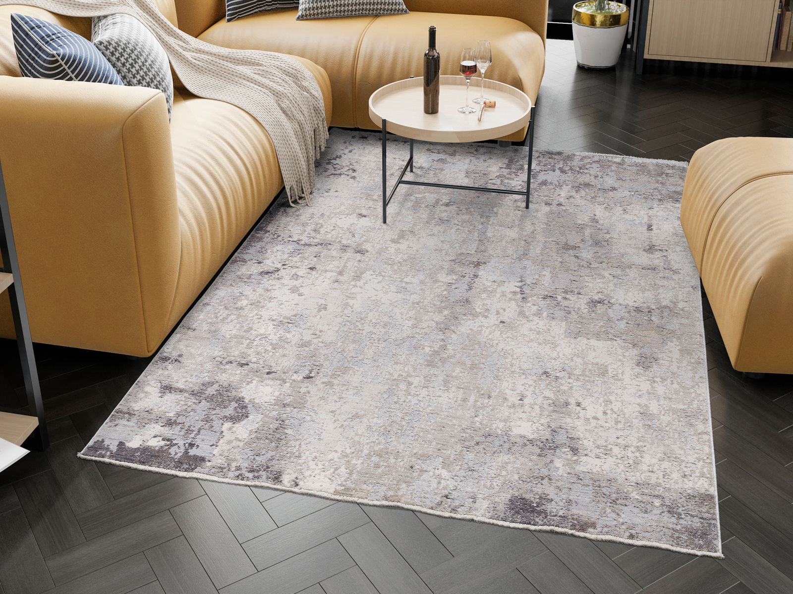 Designer Teppich in einem modernen Wohnzimmer mit beigen Sofas und einem runden Couchtisch, aus der Vogelperspektive betrachtet.