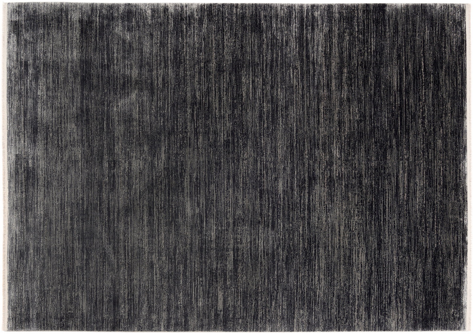 Draufsicht auf einen modernen Designer Teppich in dunklen Grautönen mit subtilen vertikalen Streifen.