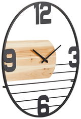 Moderne Wanduhr mit schwarzem Metallrahmen und Holzelement, frontal abgebildet.