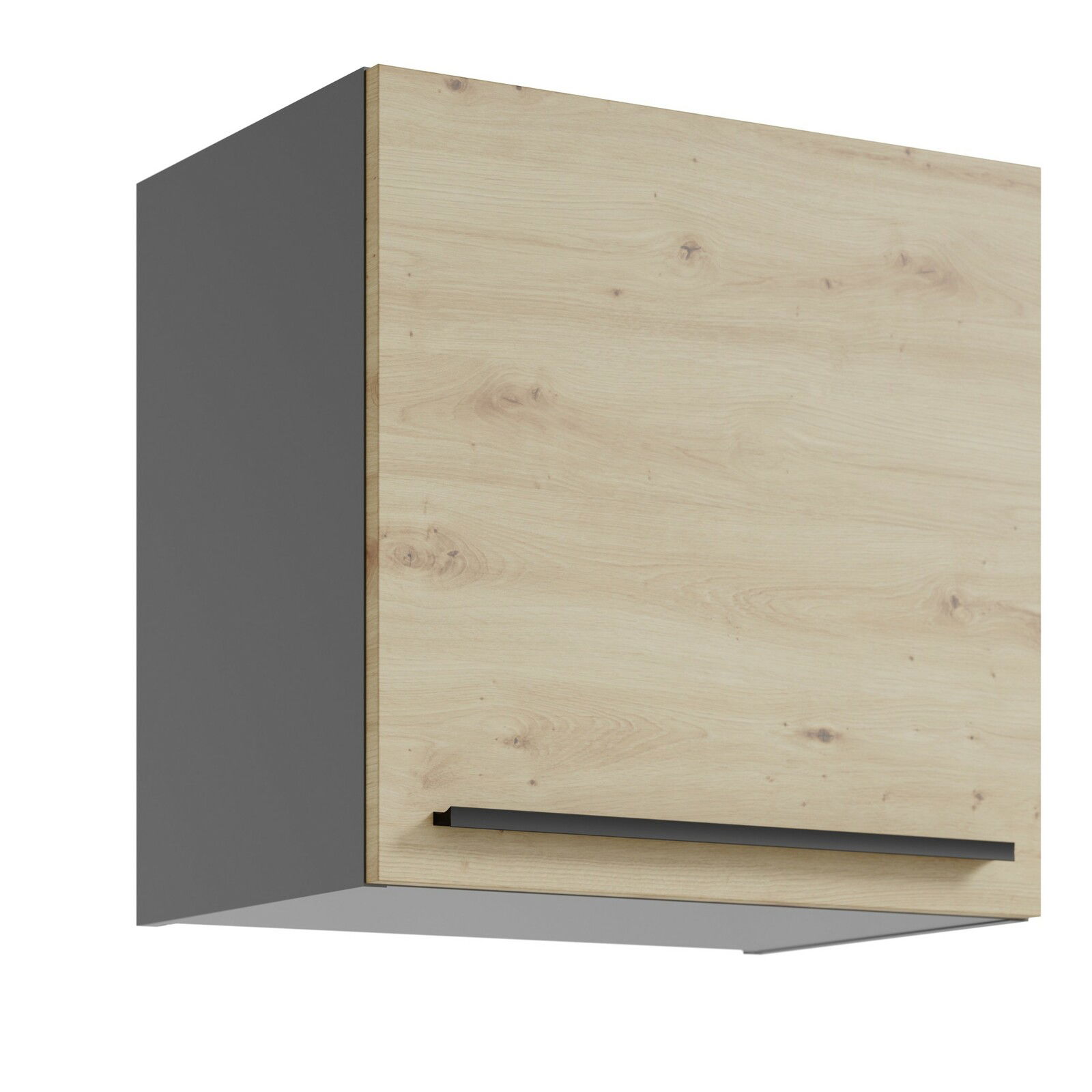 Hängeschrank mit Holzoptik und schwarzem Griff, seitliche Perspektive