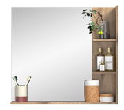 Spiegel mit Holzrahmen und seitlichen Regalen, gefüllt mit Zahnbürsten, Flaschen und Dekoration, aus frontaler Perspektive.