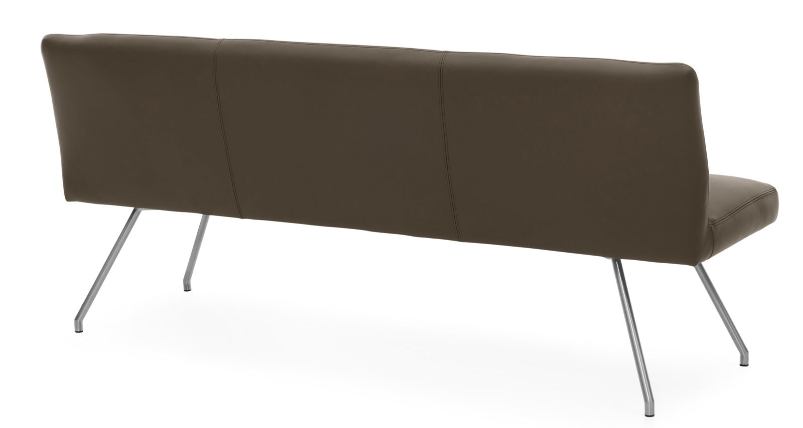 Rückansicht einer modernen braunen Bank mit Metallbeinen