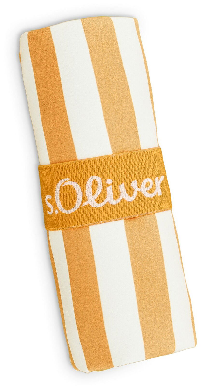 Gestreiftes Sporttuch in Orange und Weiß, zusammengerollt mit s.Oliver Band, Ansicht von oben