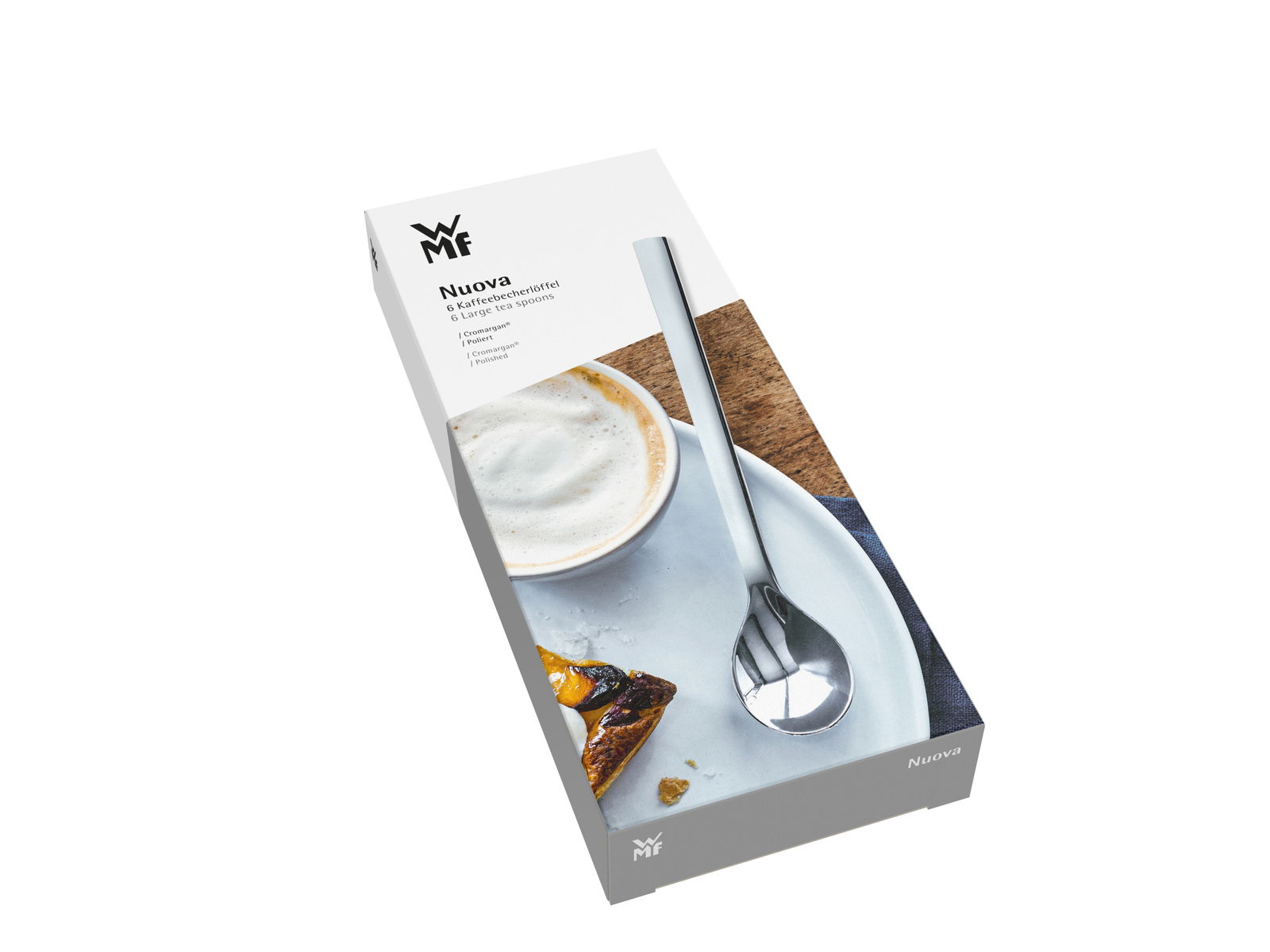 Verpackung mit 6 Kaffeebecherlöffeln der Marke Nuova, abgebildet aus einer schrägen Perspektive.